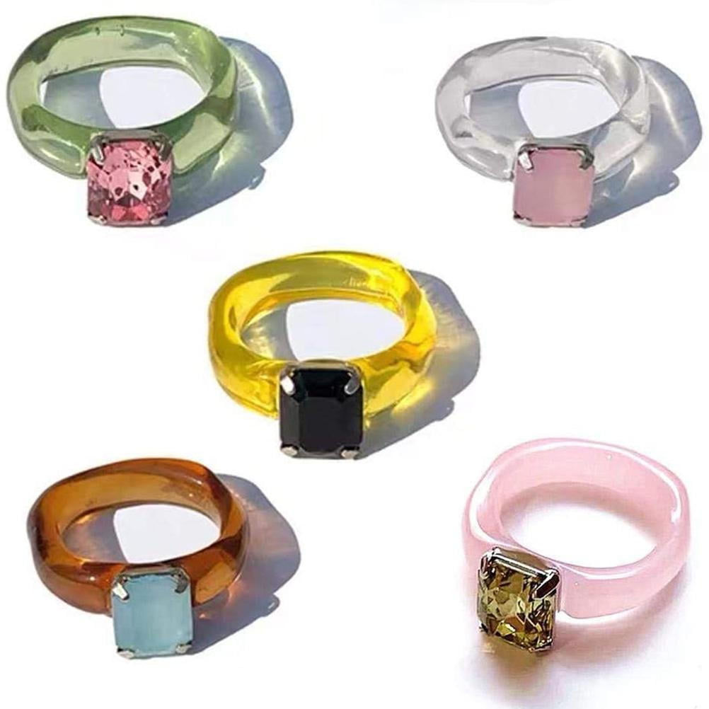 Women Vintage Acrylic Ring Geometric Ring Solid Color Resin Cocktail Finger Ring
