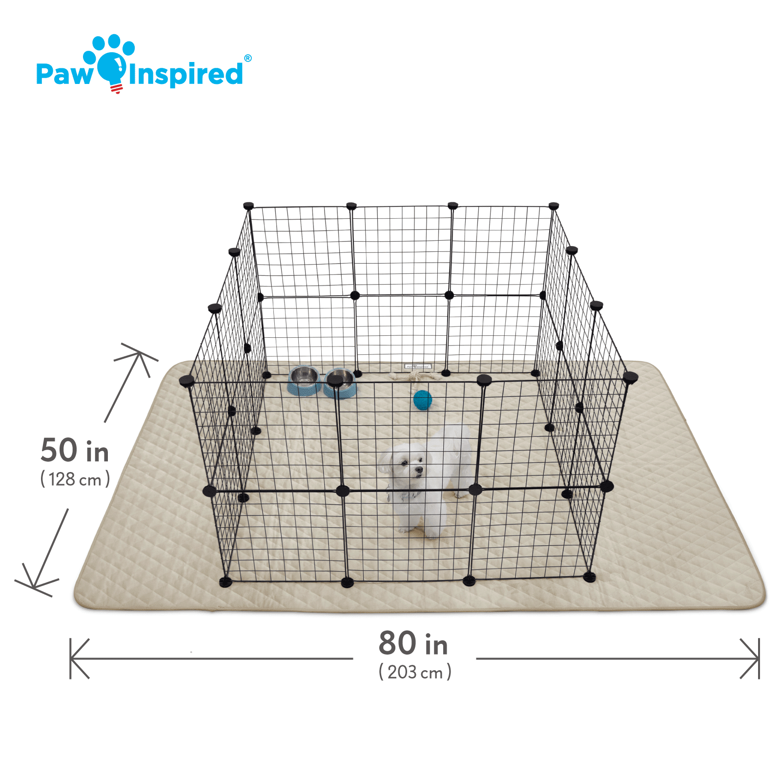 Paw Inspired 80x50” Waterproof Dog Playpen Mat, Pet Kennel Play Pen Pad for Puppy, Rabbit, Guinea Pig, Small Animals | Super Absorbent Fleece Cage Liner with Non-Slip Bottom (Tan)