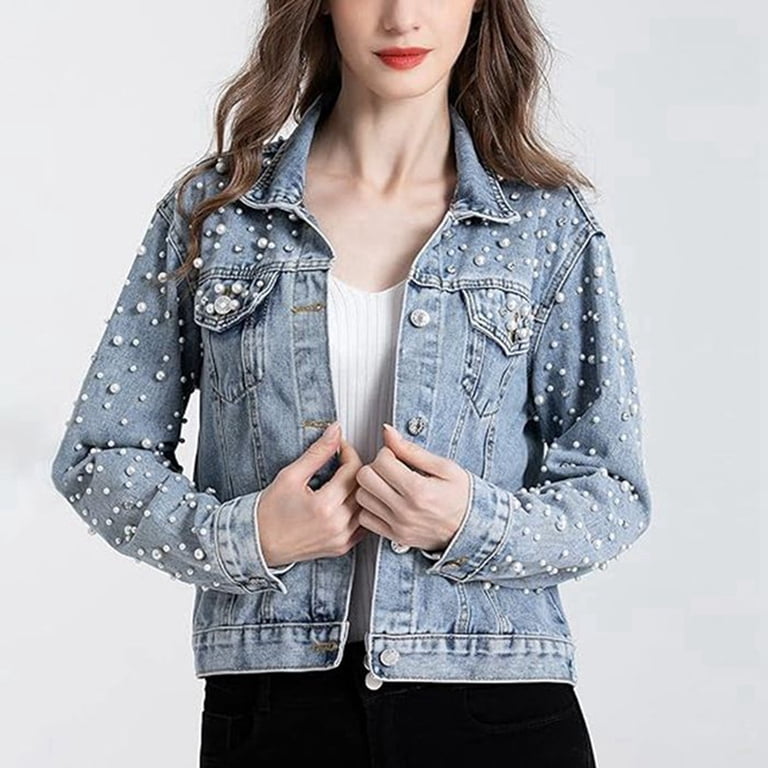 Women'S Pearl Denim Jacket Cropped Rhinestones Jean Jacket Coat