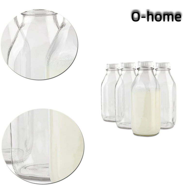 32Oz Glass Milk Bottles with 8 White Caps (4 pack)Food Grade Milk Jars with  Lids