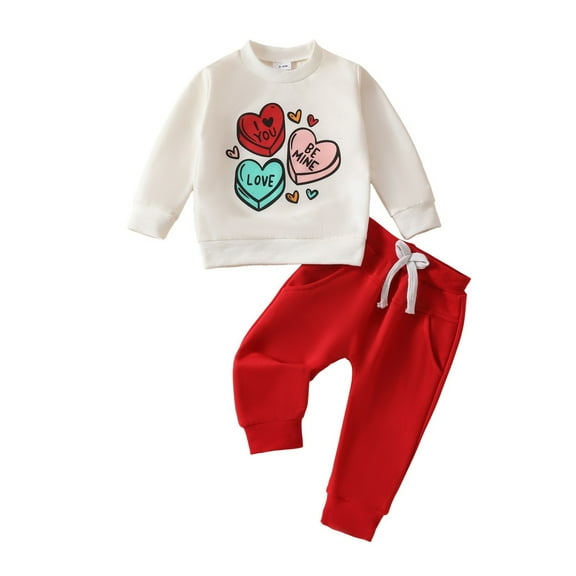 Tiweut Casual Kids Outfits Valentine's Day Heart Print Hoodie and Pants 2 Piece Suit Set
