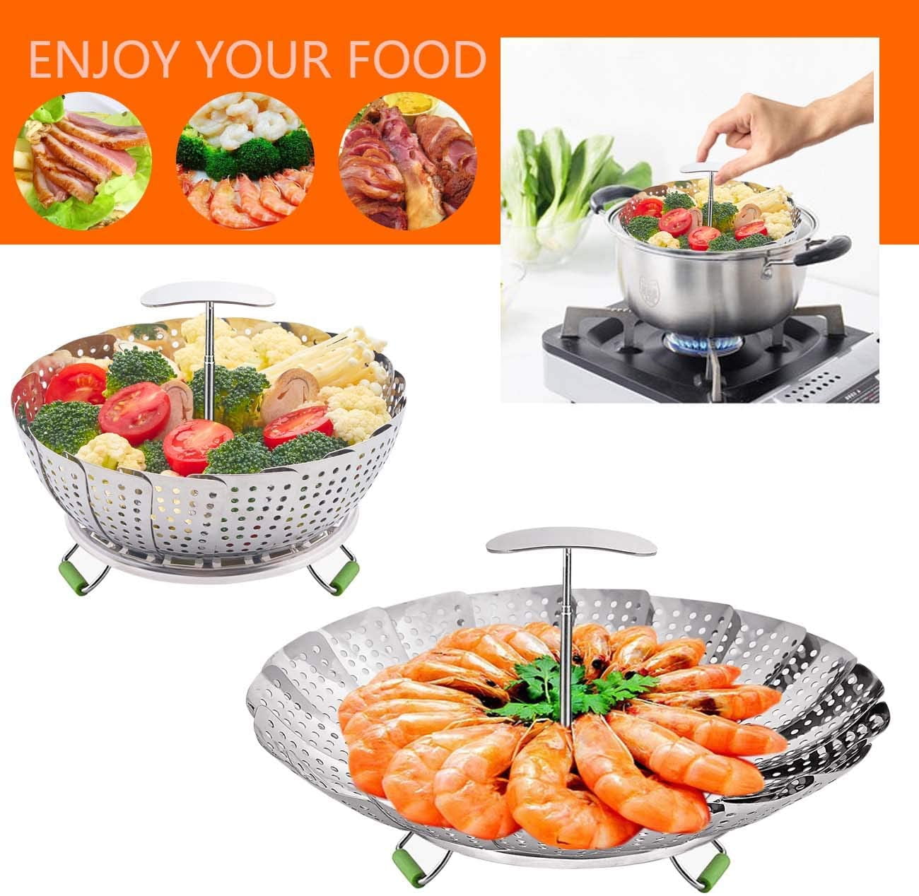 Kepooman Kitchen Stainless Steel Folding Veggie Steamer Basket for Cooking, Silver Kepooman Kitchen Stainless Steel Folding Veggie Steamer Basket for Cooking, Silver
