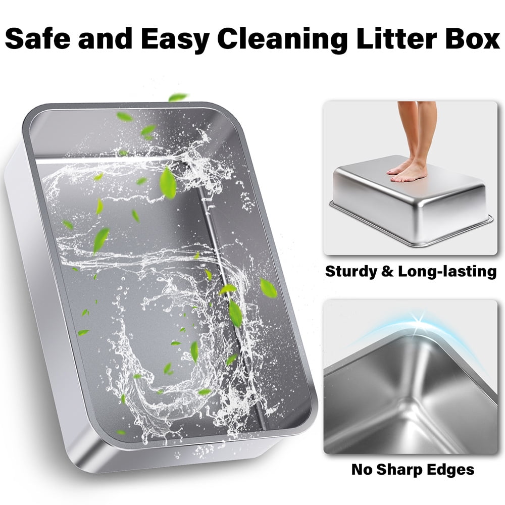 Nyutu Stainless Steel Litter Box with Lid 2 Pack,  Large to XL Metal Cat Litter Box with Scoop and Mat, High Sided Litter Boxes for Big/Multi Cats, Anti-Urine Leakage, Easy Clean and No Smell