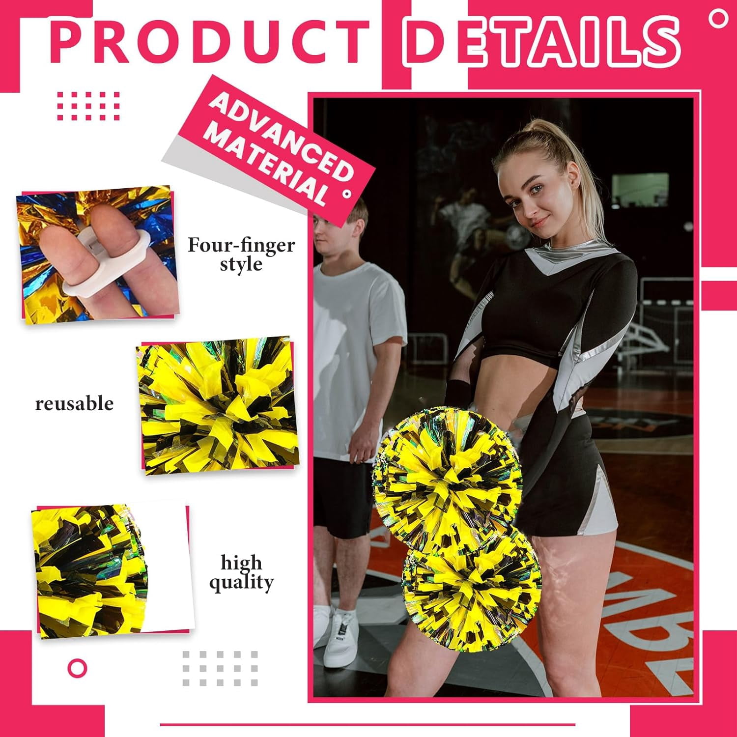 8 Pcs pom poms Cheer,pom poms Cheerleading with Finger Holes Metallic Foil Cheer Pom Pomsfor Dance, Matches (Black Red Silver)