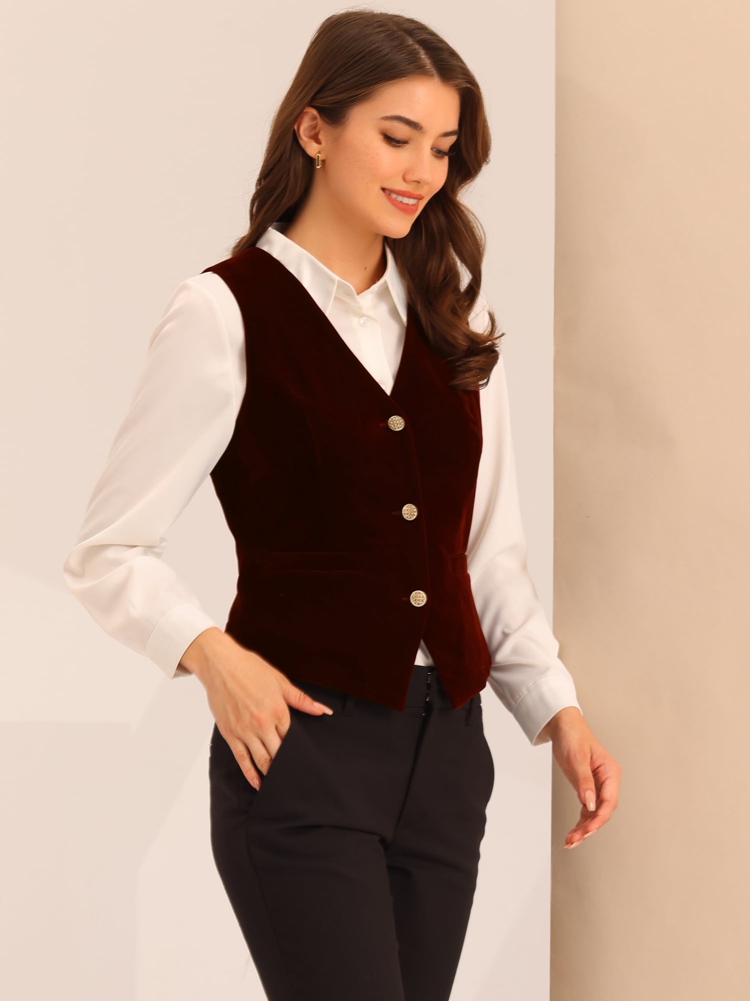 DARING DIVA Women's Vintage Velvet Vest Button Down Steampunk Waistcoat S Burgundy