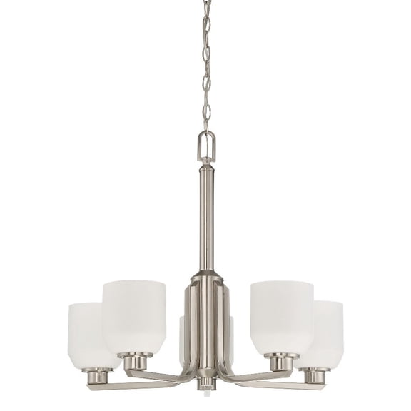 F19025-80-Sunset Lighting-Quartz - 5 Light Chandelier   Bright Satin Nickel Finish with Opal Glass