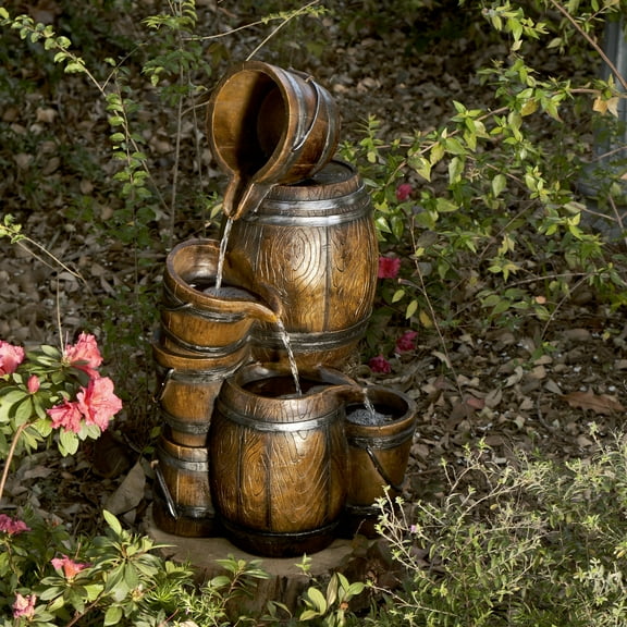 Alpine Corporation 24"H Indoor/Outdoor Tiered Barrels and Buckets Fountain, Brown