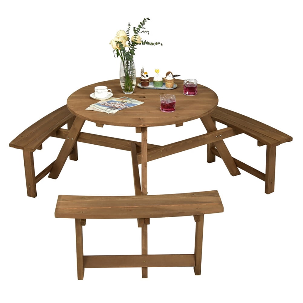 Aimee Lii 6-person Round Wooden Picnic Table with Umbrella Hole and 3 Built-in Benches, Patio Furniture Set, Dark Brown Aimee Lii 6-person Round Wooden Picnic Table with Umbrella Hole and 3 Built-in Benches, Patio Furniture Set, Dark Brown