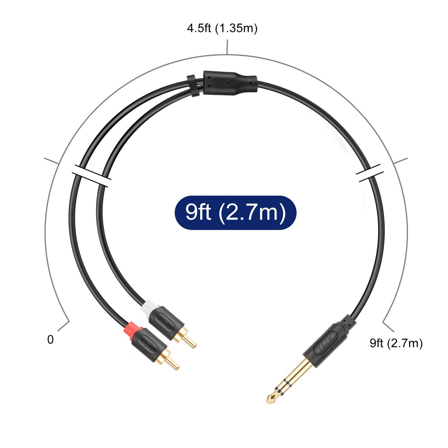 J&D Gold Plated 6.35mm 1/4 inch Male to 2 RCA Male Stereo Audio Adapter 1/4 to RCA Cable, 9 ft - image 5 of 8
