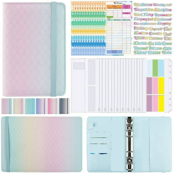 A6 Gradient Macaron Binder Hand Ledger Notebook PU Libro de Hojas Sueltas Libro de Presupuesto en Efectivo con Bolsa con Cremallera, Verde Rosa