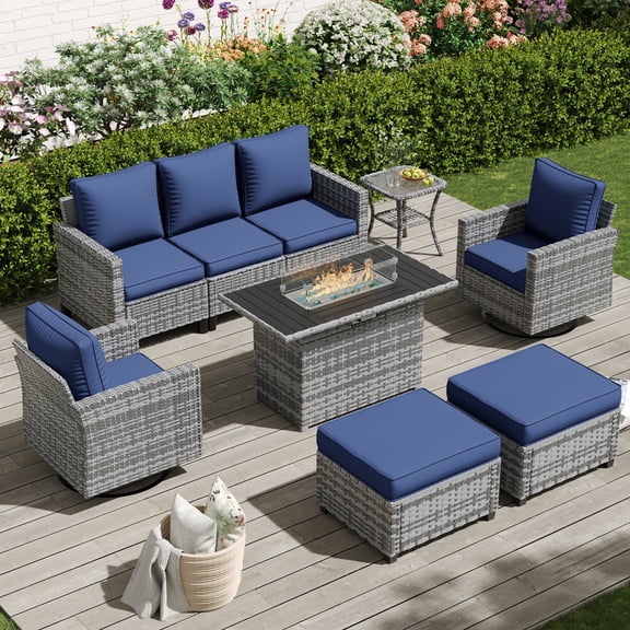 POTEBAN Patio Furniture Set with 44" Fire Pit Table, 7 Pieces Outdoor Sectional Couch, Grey Wicker Rattan Conversation Sofa with Swivel Chair for Garden Backyard Deck, Navy Blue
