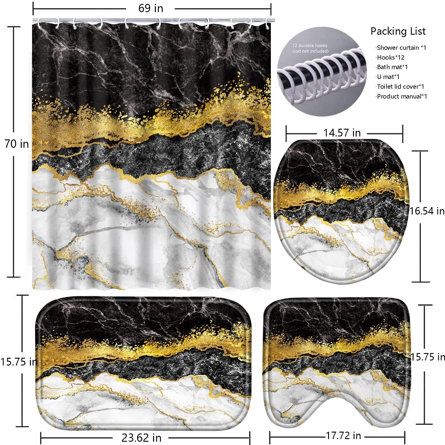FRAMICS Black Gold Marble Shower Curtain Sets with Rugs, 16 Pc Modern Abstract Bathroom Sets, Waterproof Fabric Bathroom Curtain Decor with Hooks