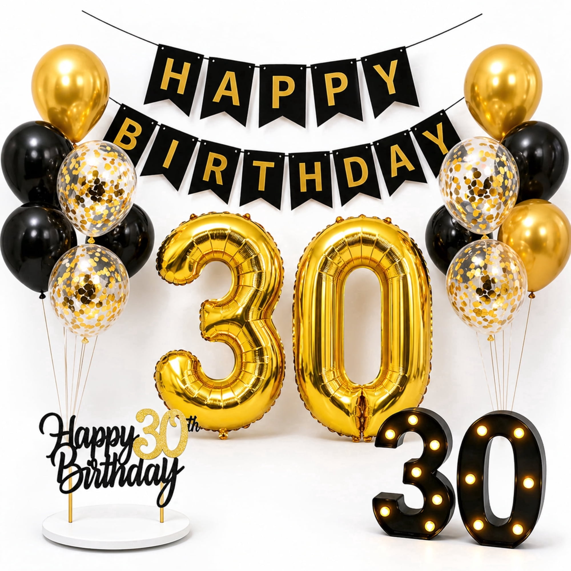 Happy Greetings 30th Birthday Decoration Kit LED Light Up Marquee Numbers, Black and Gold, 16 Count