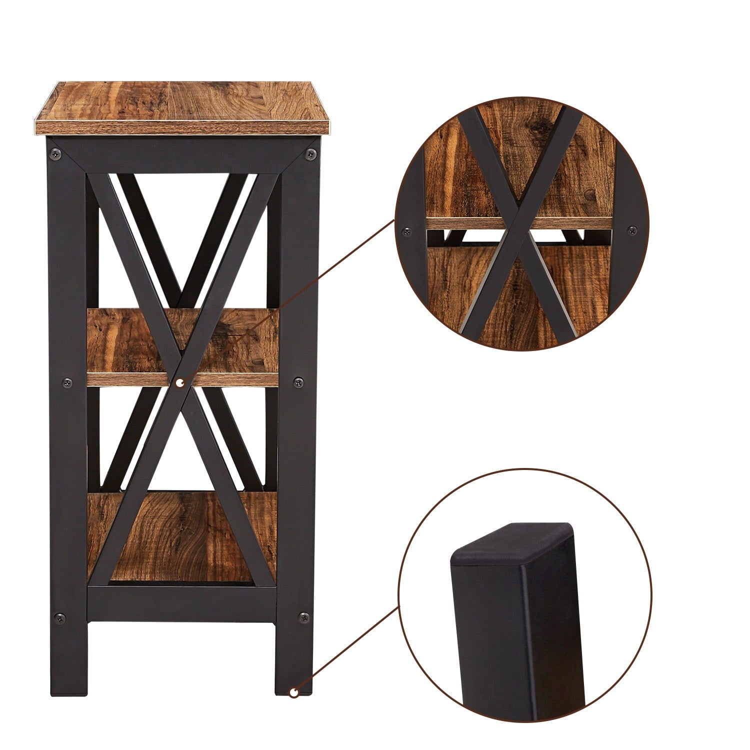 VECELO Set of 2 Nightstand with 3-Tier Shelves, X-Shaped Sofa Side End Table for Bedroom/Living Room/Office, Brown
