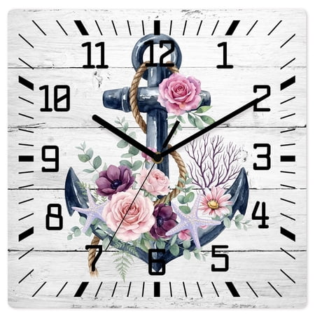 Wall Clock Floral Nautical Anchor Operated Square Clocks Wooden Silent Non-Ticking Wallclock 12 Inch Rustic Retro Wood Grain Wood Wall Clock for Living Room Bedroom Office Shool Home Decor