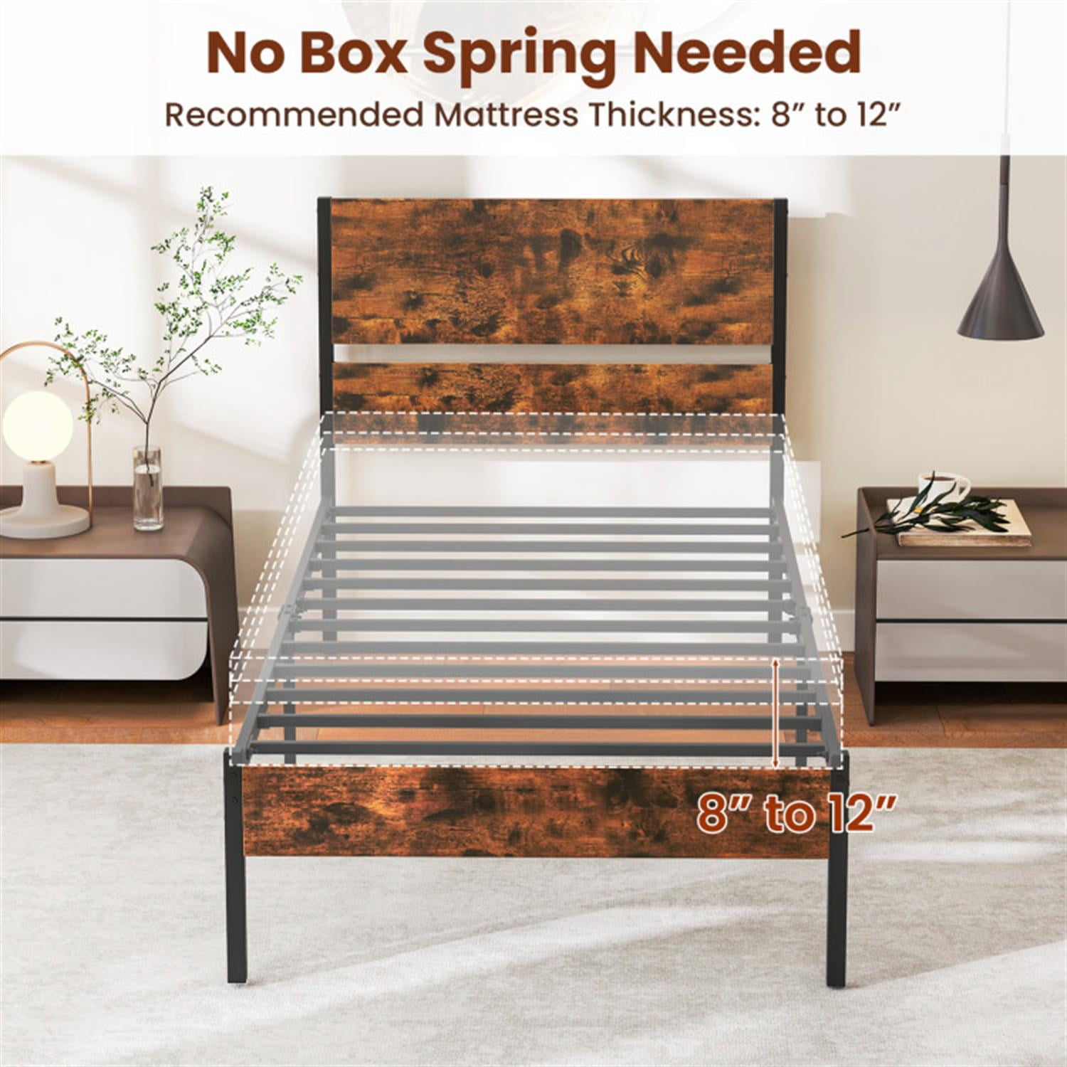 Demi Bonn Twin Size Bed Frame with Wooden Headboard and Footboard, Modern Metal Platform Bed Frame with Under Bed Storage, No Box Spring Needed, Brown