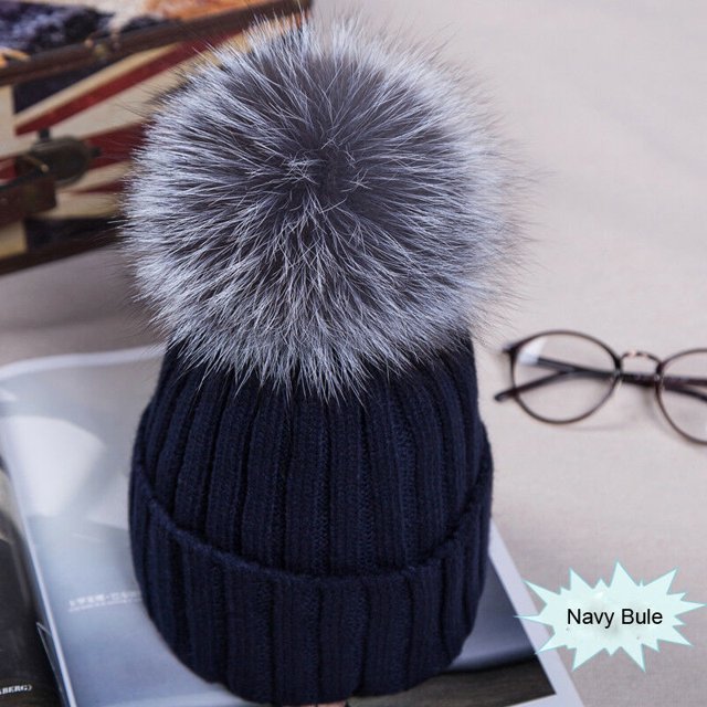 ITFABS Ladies Knitted Woolen Cap Solid Color Furry Ball Thick Stylish Hat