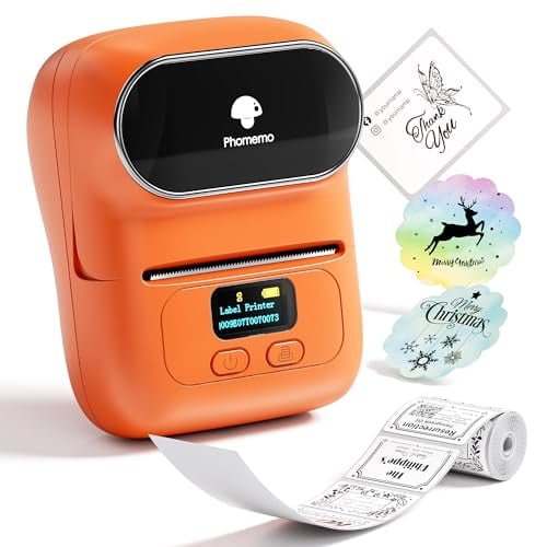 Impresora de códigos de barras Phomemo M110, impresora de etiquetas térmica inalámbrica Bluetooth para pequeñas empresas, escuelas, códigos de barras, direcciones, joyería, ropa y organización. Naranj