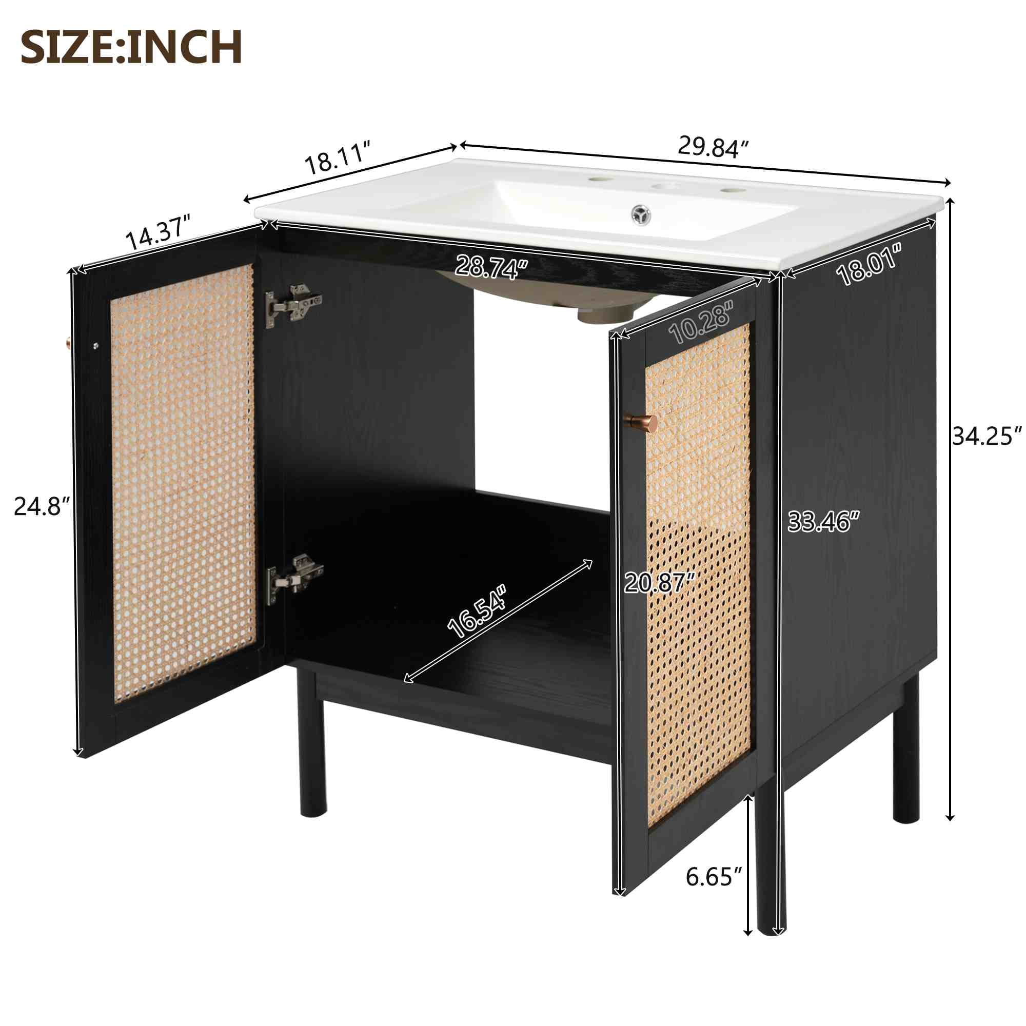 viswild 30" Bathroom Vanity with Handwoven Rattan Doors, Soft Close Ceramic Sink, Gold Accents - Solid Bamboo for Small Spaces, Black