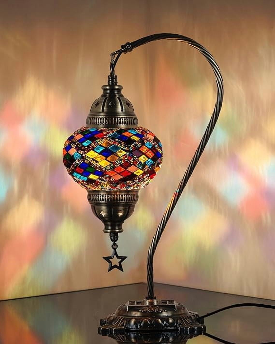 DEMMEX Authentic Turkish Mosaic Table Lamp, Handcrafted Bedside Accent Light, Antique Brass Metal Base, Vintage Moroccan Boho Decor Lamp, Multicolor