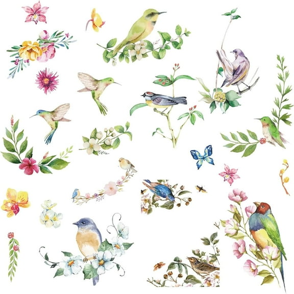 1Set Birds on Tree Branch Wall Decals 16 Sheets Blossom Flower Wall Stickers Waterproof Removable Vinyl Wall Art for Classroom Bedroom Living Room Decorations