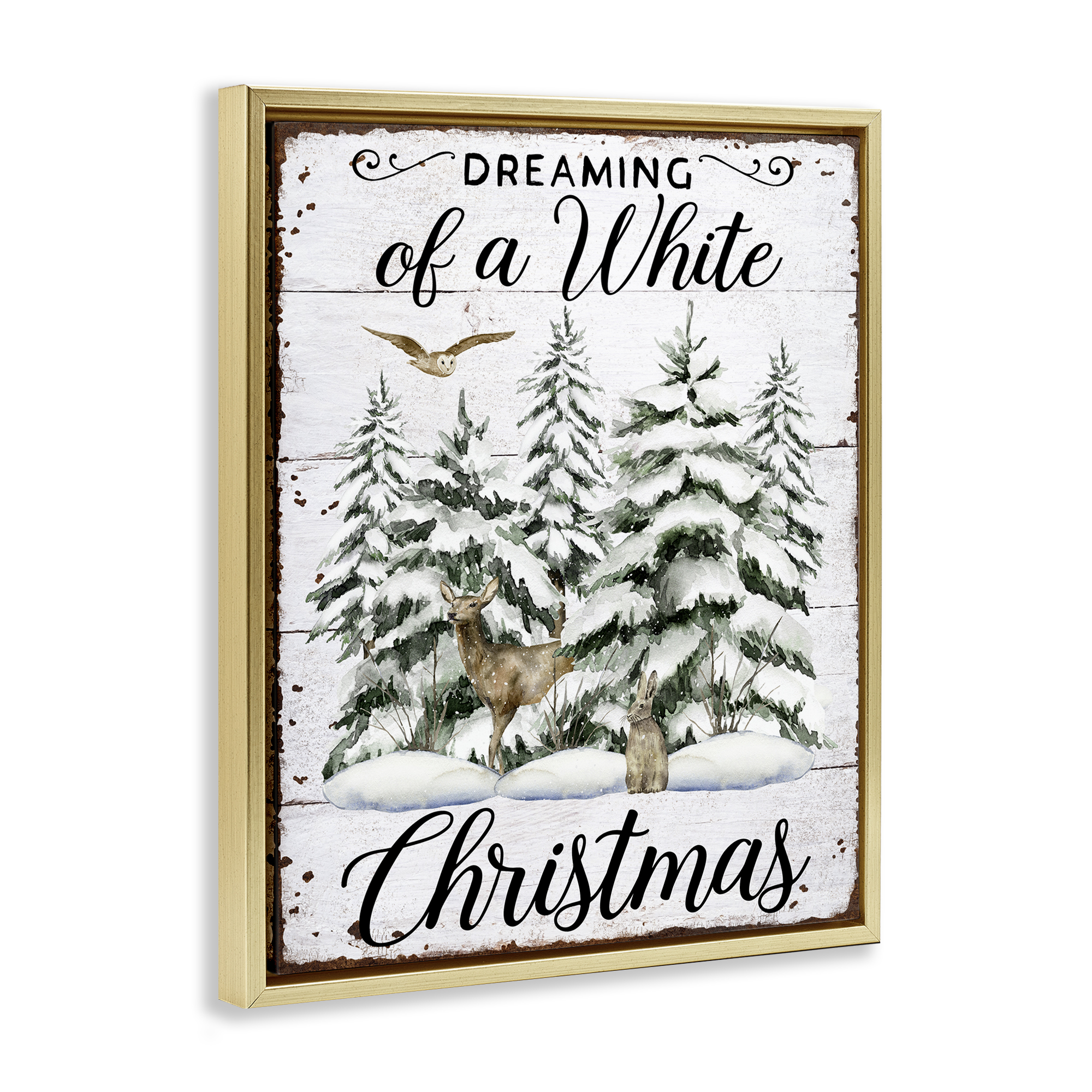 Stupell Industries White Christmas Forest Holiday Painting Gold Floater Framed Canvas Art Prints Wall Art, 17 x 21