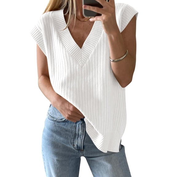 Women V Neck Sweater Vest Knitted Sleeveless Casual Loose Pullover Vest
