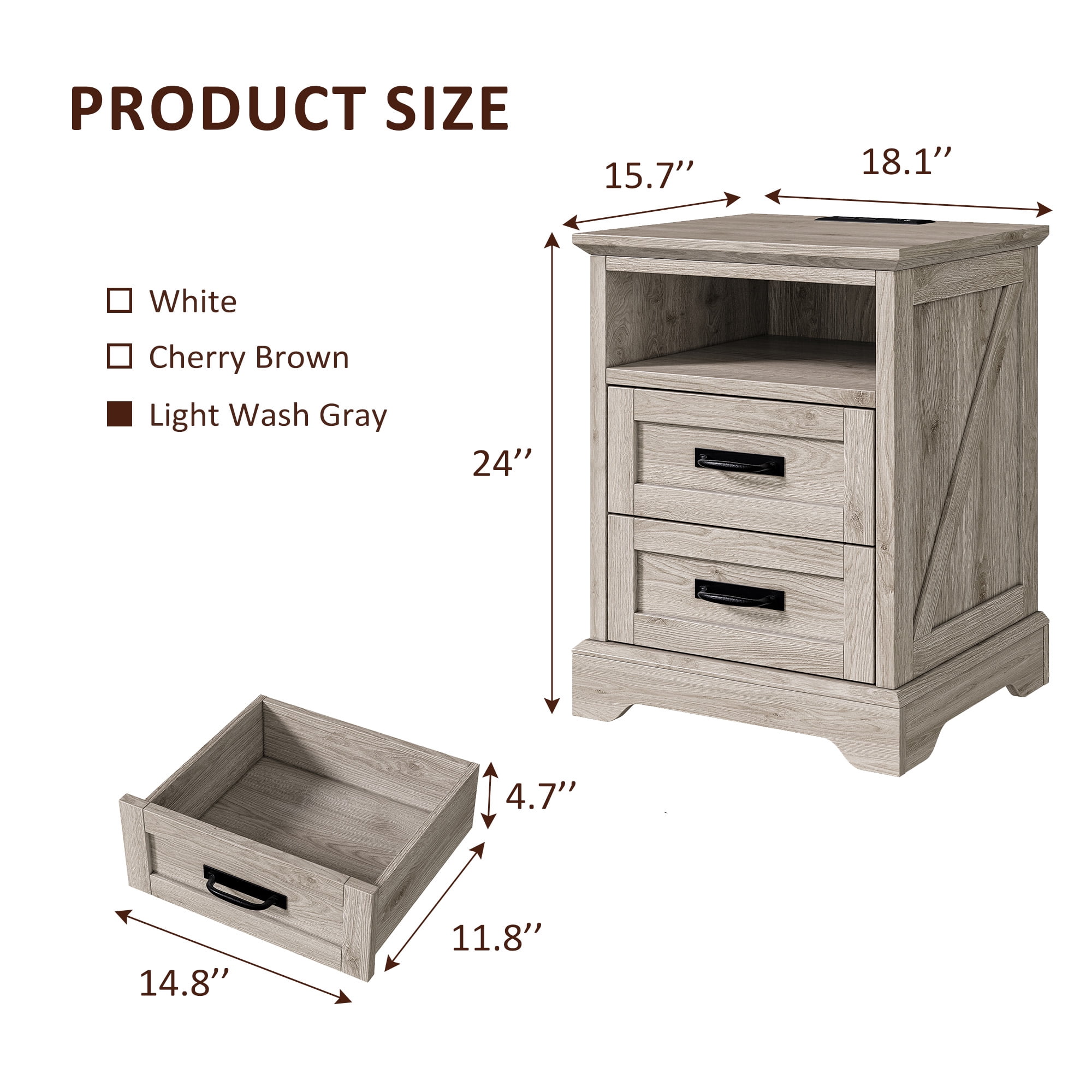 Farmhouse Nightstand Set of 2, 18 inch End Table with Charging Station for Bedroom, Living Room, Grey