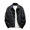 thumbnail image 5 of Joernso Jean Jacket Ripped Hole Solid Color Turndown Collar Streetwear Autumn Winter Loose Single Breasted Denim Jacket for Trip, 5 of 8