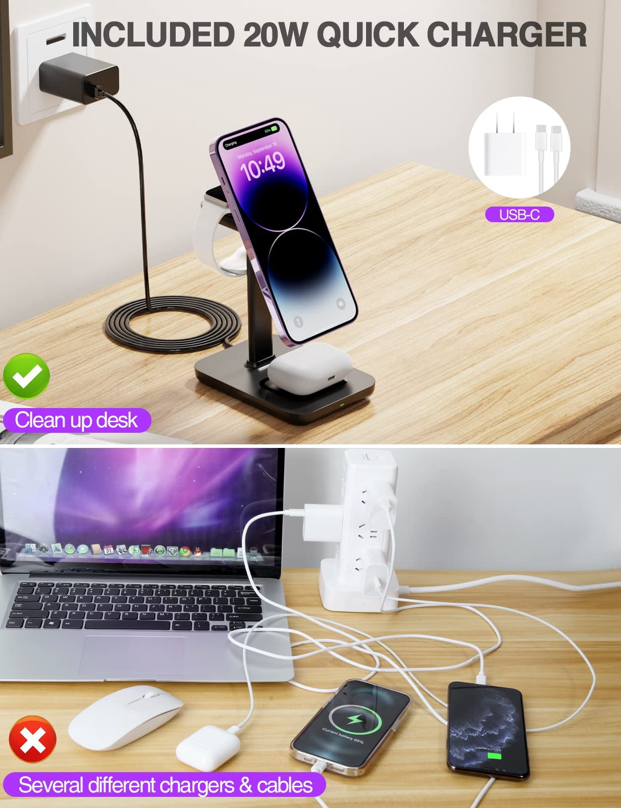 Miroddi Magnetic Wireless Charging Station Compatible for iPhone, Apple Watch, AirPods, 3-in-1 Wireless Charging Stand with 20W Quick Charger, Gifts for Him Her, White