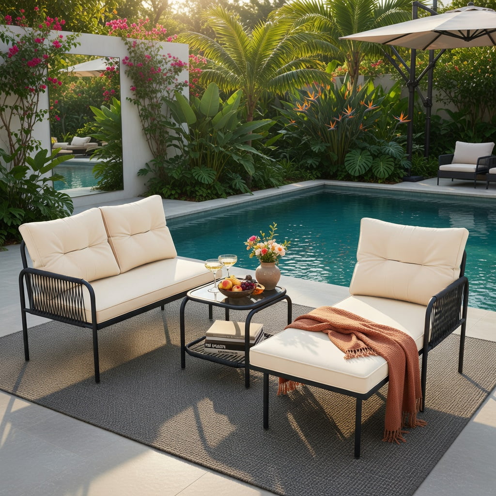 Hommoo 3-Piece L-Shaped Patio Furniture Set, PE Rattan Sectional Sofa with Beige Cushions, Tempered Glass Coffee Table, Outdoor Lounge Set for Deck, Balcony & Poolside, Beige