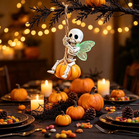 Yaayu Halloween Skeleton Swing Pendant, 3D Resin Figurine with Firm Coloring, Hanging Ornaments Halloween Decoration Indoor, White, 1pc