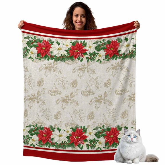 Throw Blanket for Couch, Christmas Poinsettia Flower Soft Cozy Warm Flannel Blanket 40x60in, Retro Floral Botanical Plants Lightweight Fleece Throw Blankets for Sofa Bedroom Office All Season Use