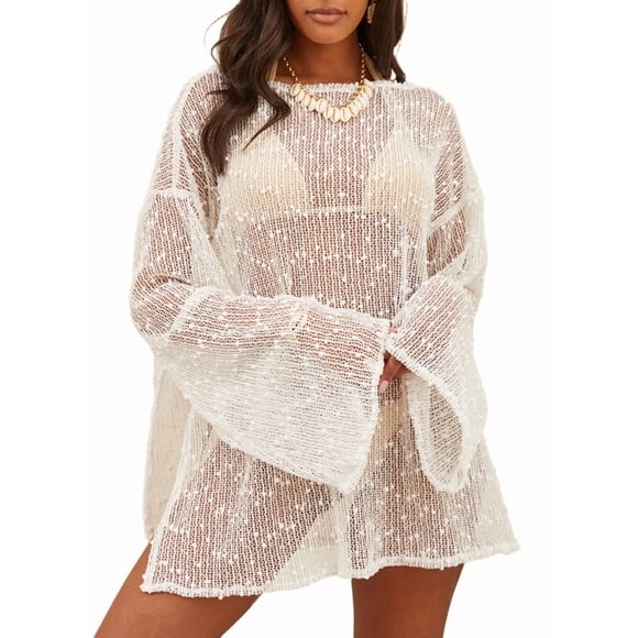 Crochet Sheer Kaftan Caftan Beach Dress Bathing Suit Swim Coverup One Piece White L