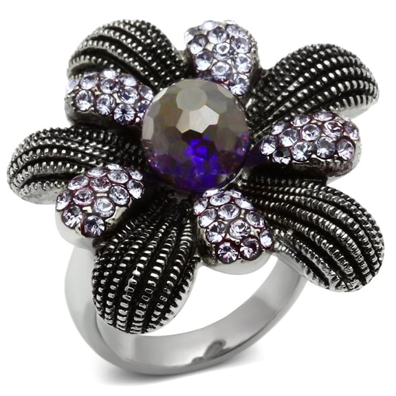 High polished (no plating) Stainless Steel Ring with Synthetic Synthetic Glass in Amethyst for Women Amethyst Stone Color Style TK607 Size 10