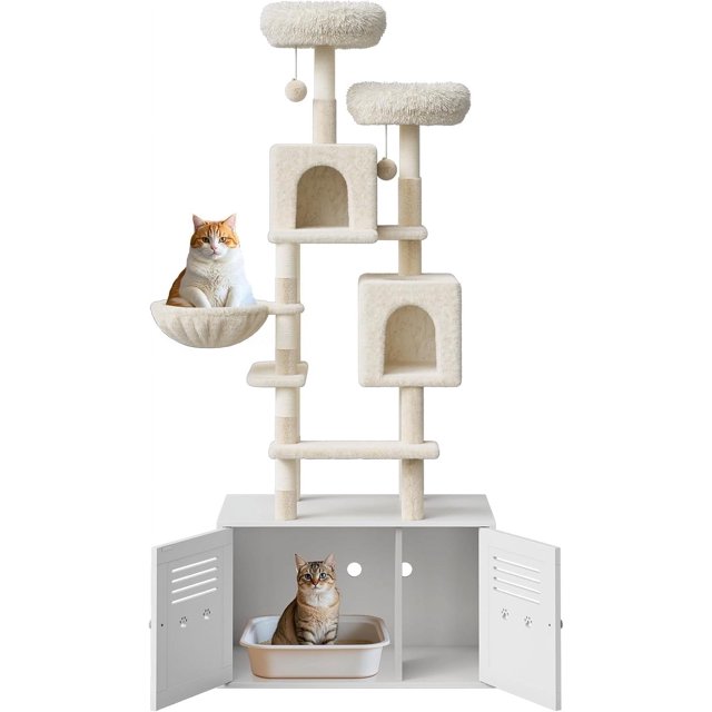 Recinto de caja de arena oculta con árbol grande para gatos de 75 pulgadas, moderno 2 en 1, torre de varios niveles, mueble de baño con hamaca, postes rascadores de sisal y percha de felpa.