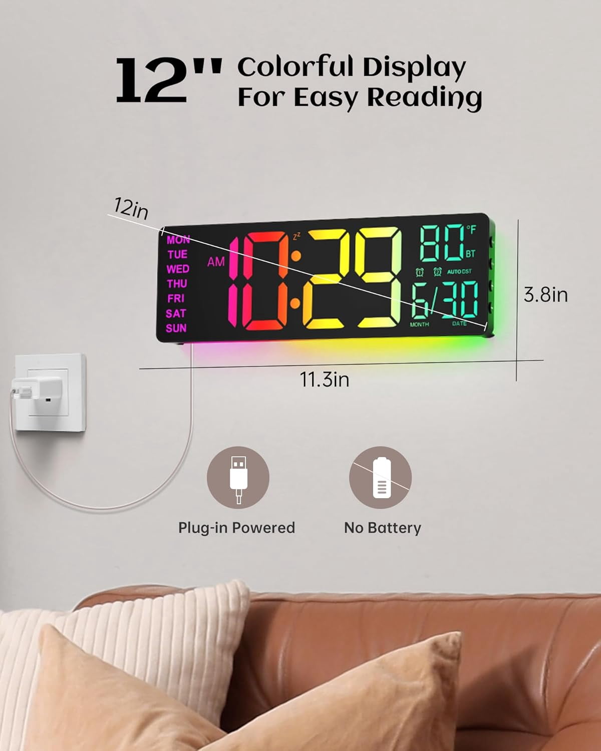 LEIKE Digital Wall Clock for Classroom Livingroom Game Home Decor with LED Display RGB Lights, BIuetooth Sync, Dual Alarms, Auto DST, Countdown, Remote Control, Temperature
