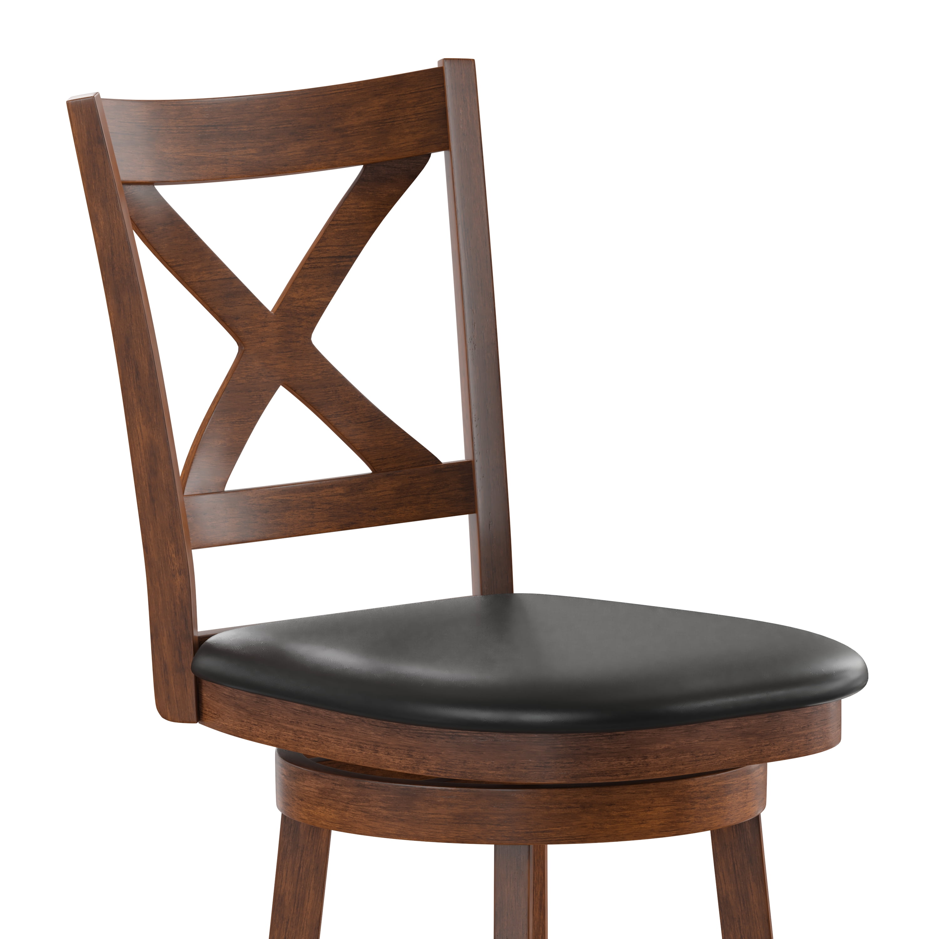 Merrick Lane 30" Antique Oak Classic Wooden Crossback Swivel Bar Height Pub Stool with Black Faux Leather Padded Seat and Integrated Footrest