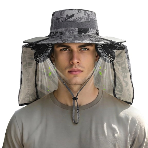 FUZHIQ Solar Fan Hat for Men Women, Wide Brim Sun Hat with Neck Flap, Rechargeable UV Protection Cooling Hat for Fishing Hiking,One Size