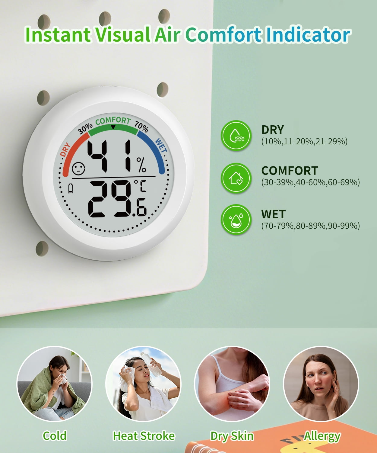 VOCOO Round Digital Thermometer and Hygrometer | Temperature Humidity Gauge with Comfort Level Indicator | Easy-Read LCD Screen for Home, Greenhouse, Office