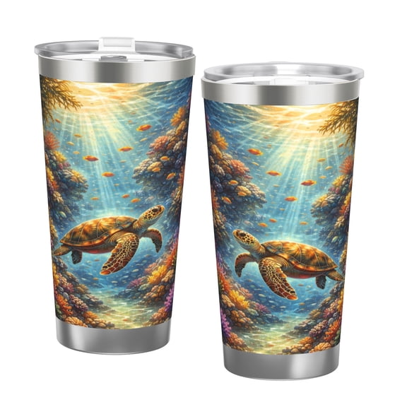 20oz Stainless Steel Travel Mug with Double Silver Edge Featuring Sea Turtle Ocean Reef Design