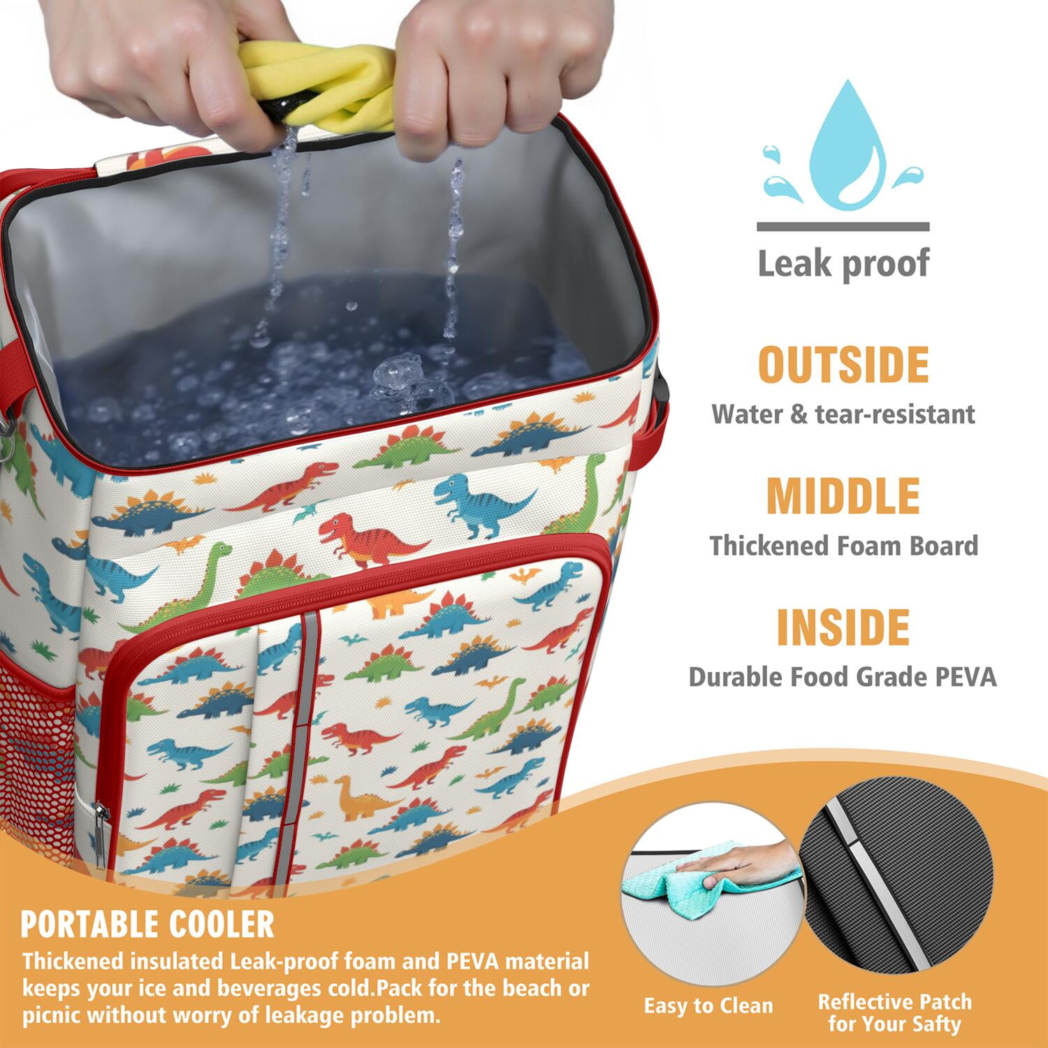 Travel Cooler Bag - White Cartoon Dinosaurs Pattern Camping Beer Cooler Backpack with Bottle Opener- Waterproof Insulated Picnic Backpacks - Cooler Bag for Beach