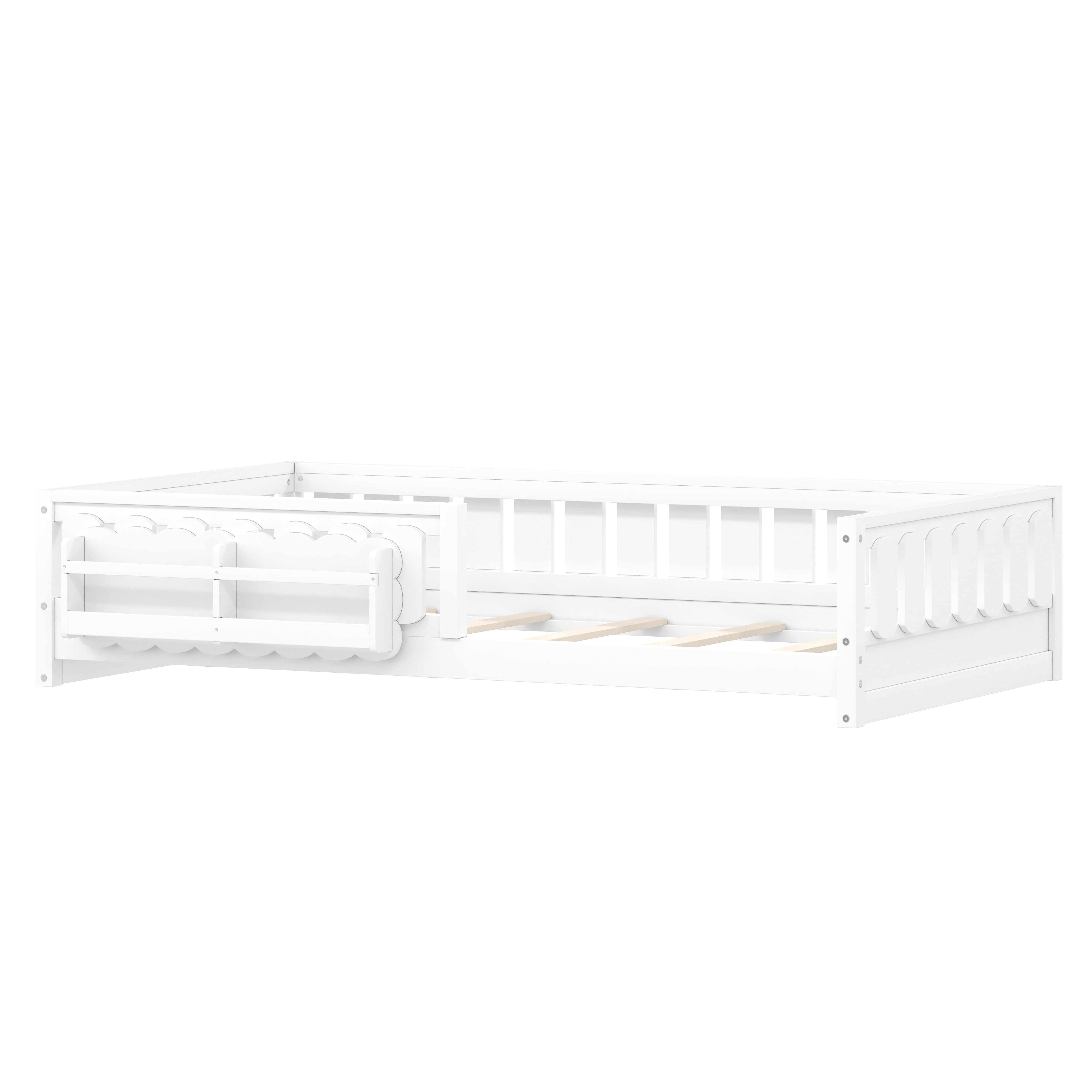 Euroco Wood Twin Size Platform Bed with Shelves, Floor Bed with Guardrails, White