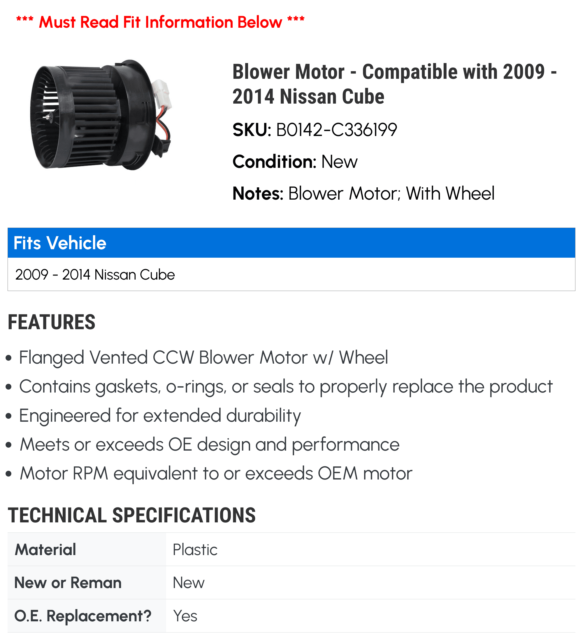Blower Motor - Compatible with 2009 - 2014 Nissan Cube 2010 2011 2012 2013
