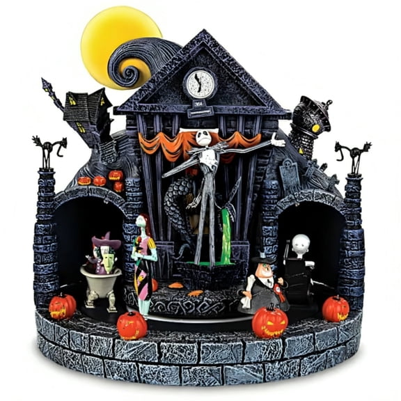 The Bradford Exchange Tim Burton's The Nightmare Before Christmas Light-Up Musical Sculpture Built-in LED Lights & Rotating Figures Handcrafted Halloween Decor 8.75-inches