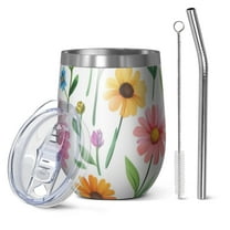 12oz Stemless Wine Tumblers Floral Pattern Vacuum Insulated Stainless Steel Travel Tumbler Cups Mug with Lid and Straw for Champaign,Cocktail,Beer with Cleaning Brush