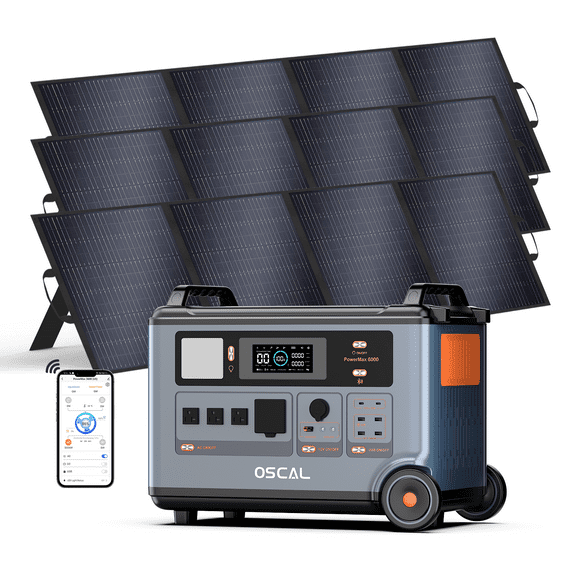 OSCAL PowerMax 6000 Solar Generator with 3×200W Panels, 3600Wh LiFePO4 Battery, 6000W (7200W Peak) 120V/240V, 2200W AC/2400W Solar Fast Charging, EPS Home Backup