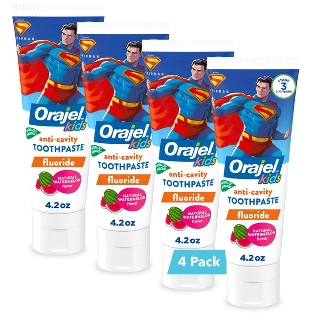 Pasta de dientes Orajel Kids Superman anticaries 125 ml, paquete de 4