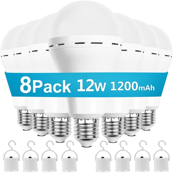 Rechargeable Emergency LED Light Bulb with Hook, Stays Lit When Power Fails, 1200mAh 12W 70W Equivalent 6500K Daylight E26 Bulbs for Home, Camping, Hiking, 8 Pack