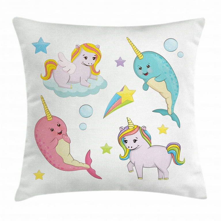 Narwhal Throw Pillow Cushion Cover, Rainbow Colored Unicorns of